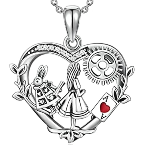 Bee Happy Market Boutique Jewelry - Alice In Wonderland Necklace Pendant and Chain Women’s Silver Tone Red Heart